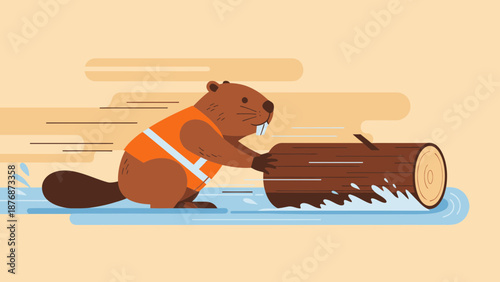 Diligent Beaver Transporting Wood Wearing a Life Vest in Flat Illustration