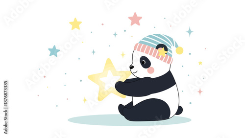 Dreamy Panda Holding A Star In Nightcap Amidst Sparkling Stars Background