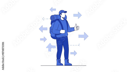Direction Choices Hiking Adventure Guidance With Backpack And Thumbs Up