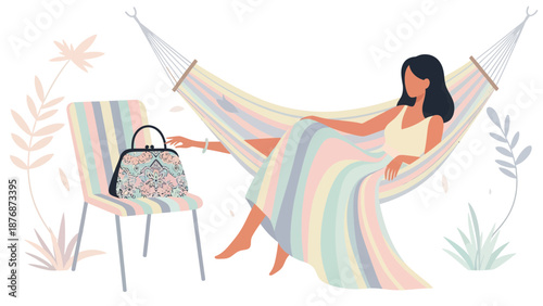 Dreamy Relaxation Woman Enjoying Summer Time in Hammock with Colorful Dress