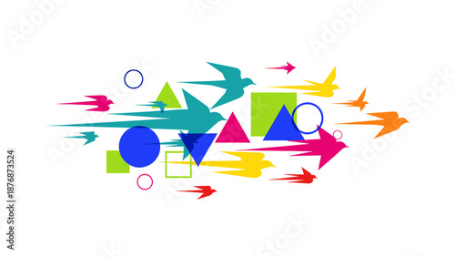 Dynamic Graphic Composition Featuring Colorful Birds And Geometric Shapes