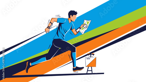 Dynamic Orienteering Runner Navigating With Map And Compass On Colorful Background