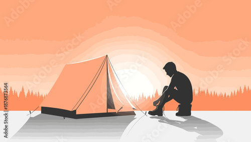 Early Morning Camping Trip Man Tying Boots At Sunrise Scenic Nature Outdoors
