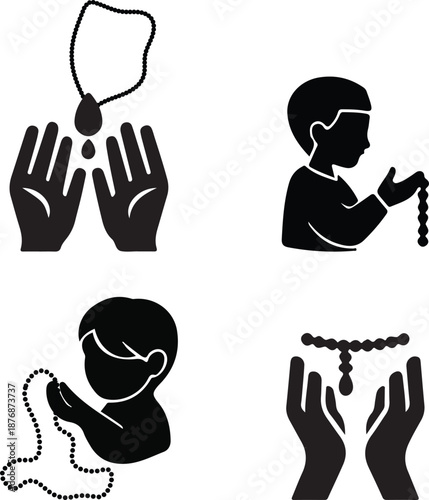 Hands Holding Tasbih Silhouette Vector Set. Minimal Islamic Prayer and Dhikr Icon for Ramadan