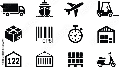 Logistics and shipping icons set including truck ship airplane forklift on transparent background high-quality professional detailed modern elegant