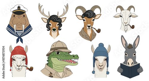 Fun set of anthropomorphic animal characters including a walrus sailor, a deer in a dress, and a goat with a pipe.