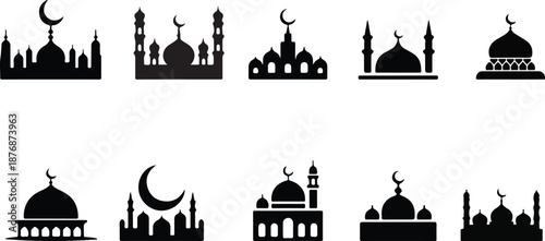 Mosque Dome and Minaret Skyline Silhouette Vector Set – Minimal Islamic Ramadan Architecture Icons