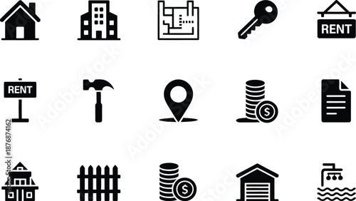 Collection of black and white real estate icons on transparent background high-quality professional detailed modern elegant stylish clean