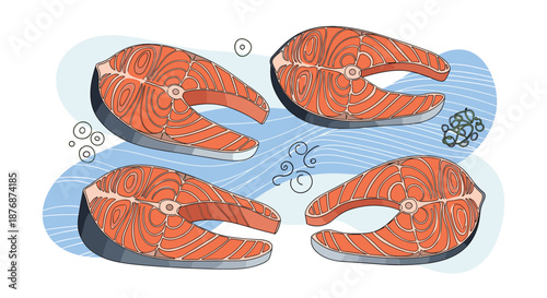 Four fresh salmon fish steaks arranged on a stylized blue background with artistic bubbles and wavy line patterns.