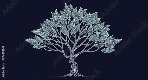 Intricate line art illustration of a tall leafy tree with detailed trunk and branches against a solid dark blue background.