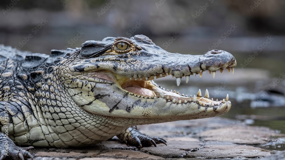 Obraz premium Close-Up Portrait of an Alligator at the Water's Edge with Detailed Scales and Sharp Teeth in its Natural Wetland Habitat for Wildlife Education
