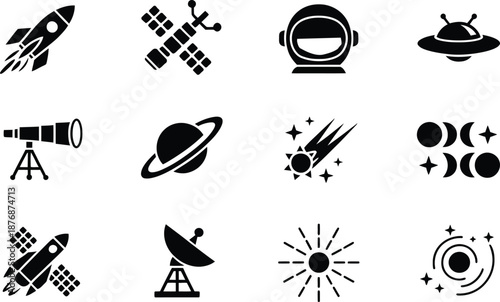 Space icons including rockets planets and helmets on transparent background high-quality professional detailed modern elegant stylish clean crisp