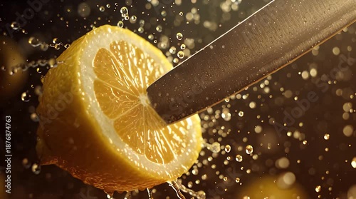 Cutting Fresh Lemon with Juice Spraying Slow Motion Video.