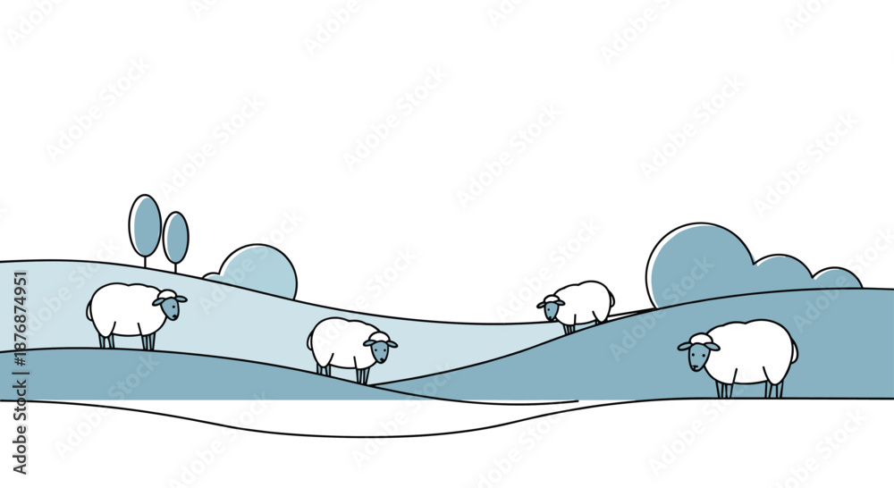 Naklejka premium Peaceful minimalist landscape featuring white sheep grazing on blue rolling hills under a vast clear sky in a simple line art style.