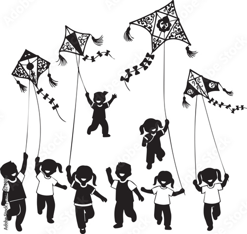 Children joyfully flying kites on a windy day in a park