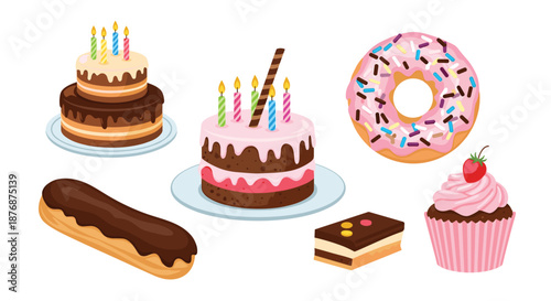 Selection of delicious desserts including layered cakes with candles a glazed donut an eclair a cupcake and a brownie slice.