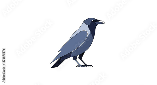 Simple stylized illustration of a crow or raven standing in profile with a color palette of blue, grey, and black tones.
