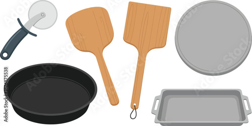 Set of 5 pizza tools flat illustration pizza cutter wheel pizza peel stone baking tray and deep dish pan