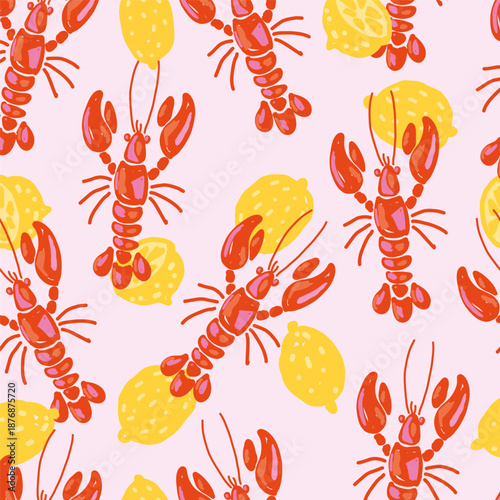 Lobster and lemon seamless pattern on light pink background. Hand drawn Mediterranean seafood design in naive imperfect style, ideal for summer kitchen decor or fun textiles.