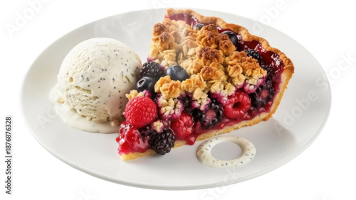 Billede på lærred Slice of mixed berry pie with crumble topping and vanilla ice cream isolated PNG