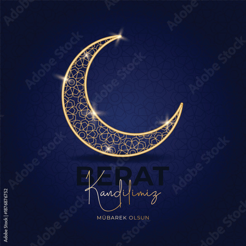 Golden Ornamental Crescent Moon on Dark Blue Patterned Background - Berat Kandili Greeting Card Design