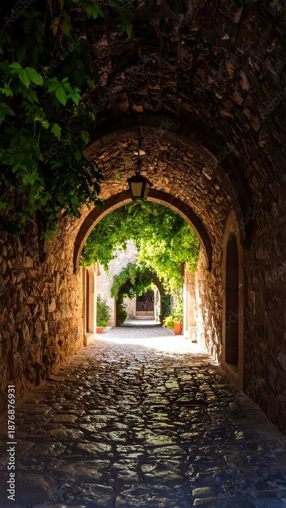 Fototapeta premium Historic stone archway with lush greenery in a serene outdoor setting