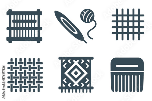 Weaving silhouette icon set. featuring loom, needle, yarn, textile, fabric, knitting, and comb symbols