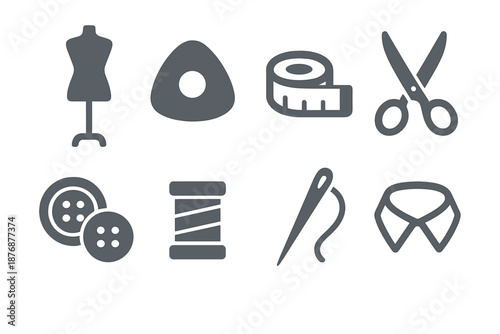 Sewing tools silhouette icon set. featuring mannequin, chalk, tape measure, scissors, buttons, thread, needle, collar