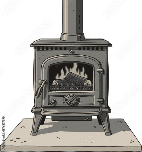 Outline illustration set of 4 fireplace types wood burning stove open hearth electric fireplace and gas insert