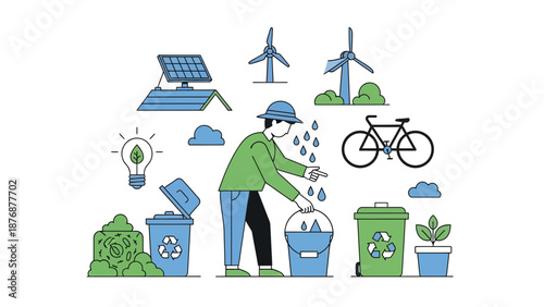 Eco Friendly Living Illustration Showcasing Renewable Energy and Recycling Practices