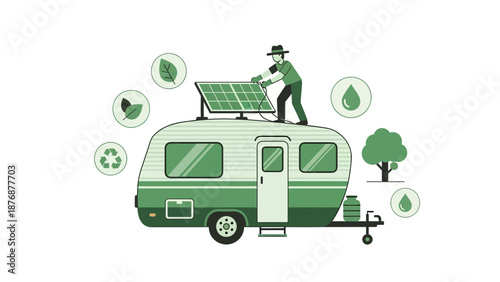 Eco Friendly Lifestyle With A Camper Van Solar Panel And Man