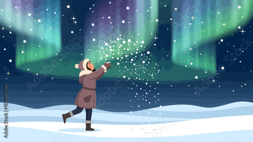 Enchanting Winter Scene With Northern Lights And A Cheerful Character