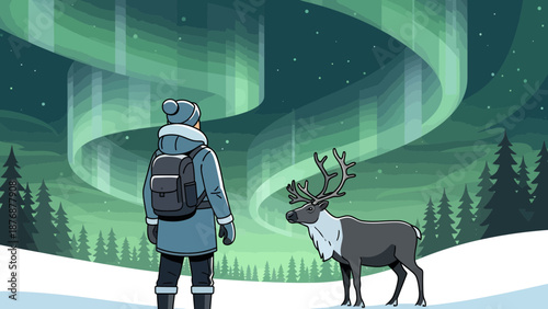 Encounter Under Northern Lights Hiker And Reindeer Observing Aurora Borealis