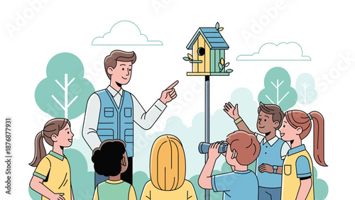 Educational Birdwatching Experience with Children and Instructor in Natural Setting