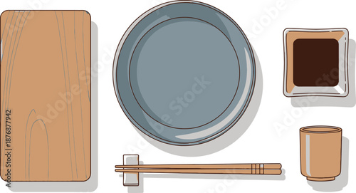 Flat vector set of 6 sushi serving items wooden board ceramic plate soy sauce dish chopstick rest and sake cup