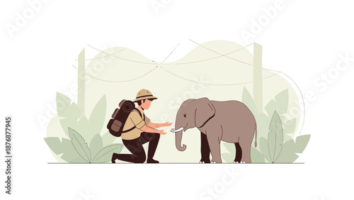 Encounter With An Elephant In The Wild Friendly Adventure Illustration