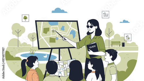 Educational Nature Walk: A Guide Explaining a Park Map to Students Outdoors