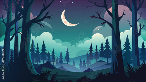 Moonlit Enchanted Forest at Night with Crescent Moon, Misty Trees, and a Calm Mystical Atmosphere
