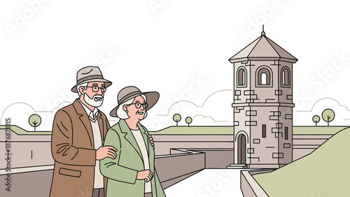 Elderly Couple Enjoying Scenic Views During Their Travel And Exploring A European Castle