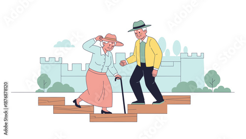Elderly Couple Enjoying Vacation At Castle Helping Each Other Up The Stairs