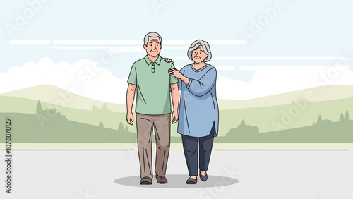 Elderly Couple Enjoying Peaceful Walk Together In Nature Outdoor Illustration