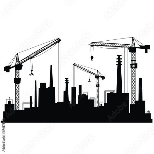 city skyline with construction cranes and buildings