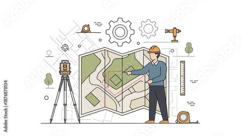 Engineer Analyzing Topographic Map for Land Surveying and Infrastructure Planning