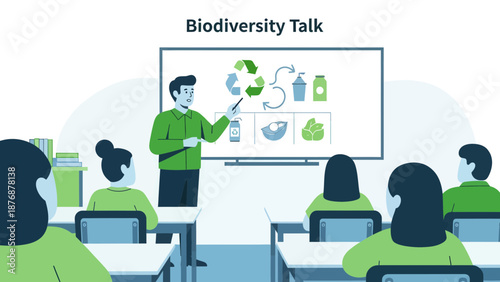 Engaging Students Discussing Ecological Topics In Classroom Environment Illustration