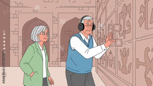 Elderly Couple Exploring Ancient Art With Augmented Reality Headset At Museum