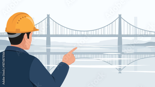 Engineer Inspecting New Bridge Construction Infrastructure Over Water Concept
