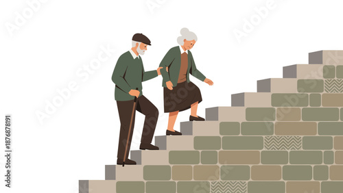 Elderly Couple Navigating Staircase With Support And Care In Later Years