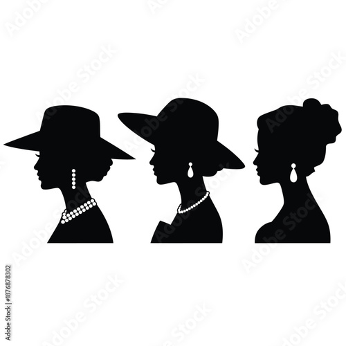 Elegant silhouettes of women in hats and jewelry a classic portrayal