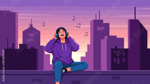 Enjoying Music In Urban Setting On Rooftop At Dusk Or Dawn Vector Illustration