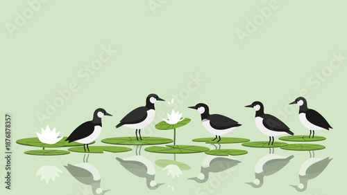 Elegant Black And White Birds Standing Gracefully On Lily Pads By Serene Water